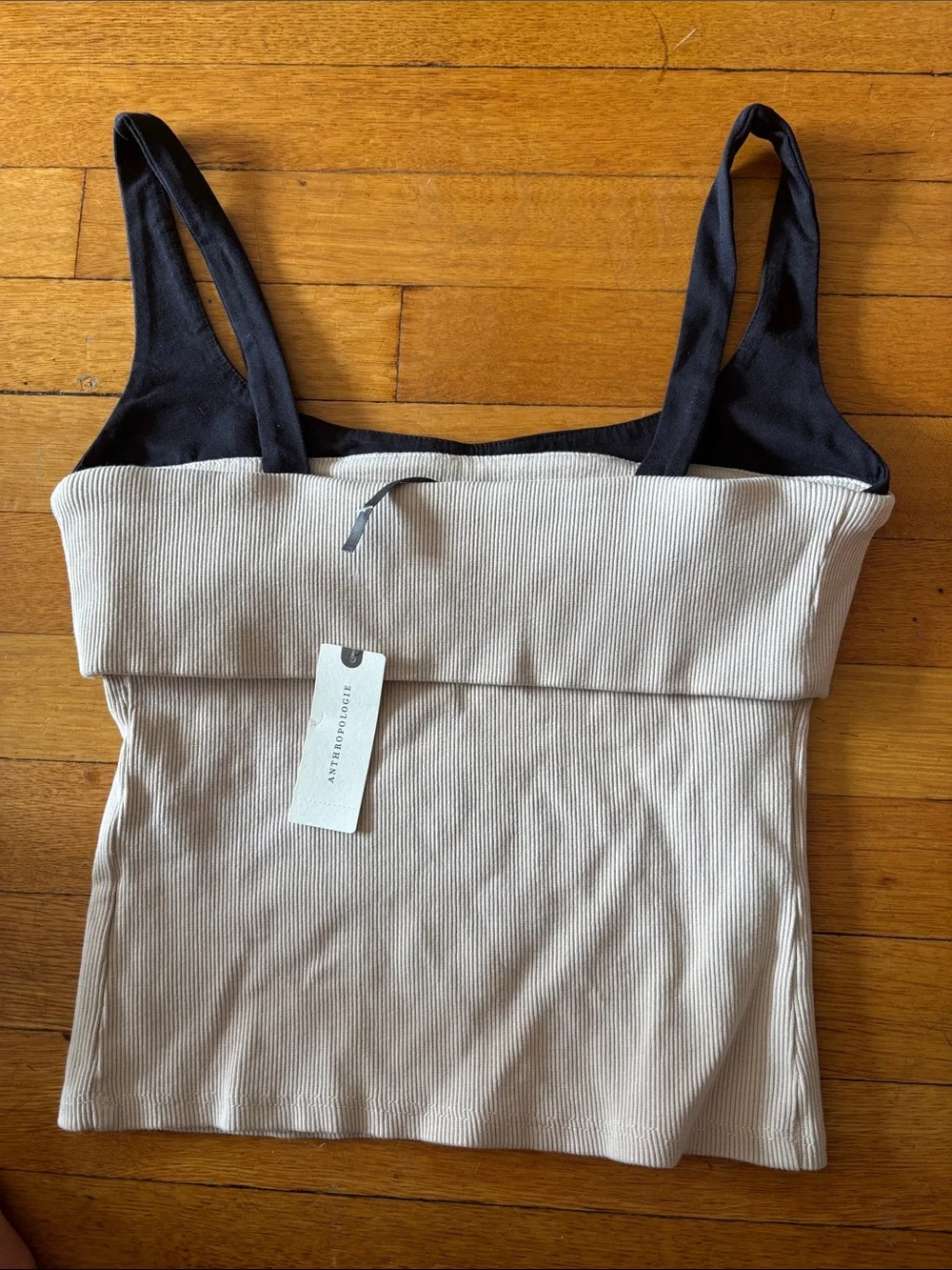 Anthropologie Black & Cream Ribbed Fold-Front Tank - Picture 3 of 3